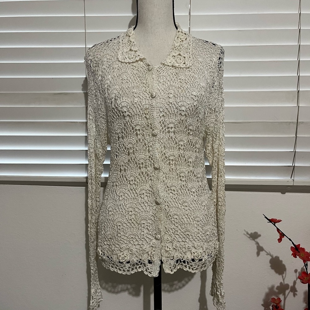 Women's Cream Crochet Button-down Shirt
